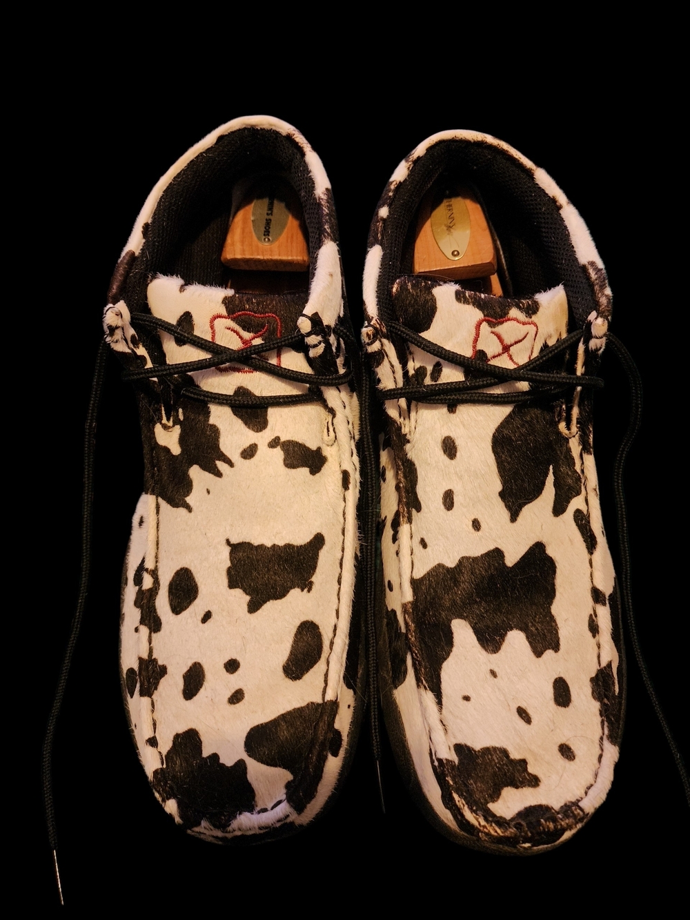 Twisted X "Hair On Hide" Chukka Driving Mocs in a black and white cow print